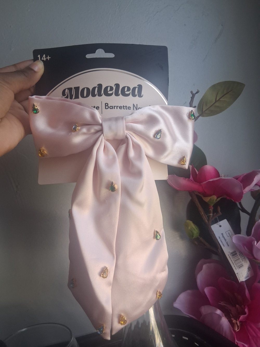 Pink Satin Bow Hair Barrette with Gem Accents